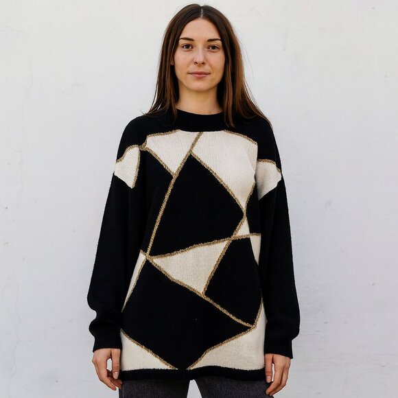Vintage 1980s Black White Gold Geometric Sweater 18 XL - Picture 1 of 7